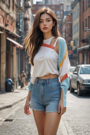 hyperrealism, studio lighting. (Best quality, 8k, 32k, raw photo, real life, photorealistic, UHD:1.2), a woman on a city street, dressed in casual attire. She is standing with her back turned to the camera, facing away from it. Her pose suggests a relaxed demeanor as she leans against a wall. She wears a white crop top and shorts, which give off a summery vibe. The woman's long hair cascades down her shoulders and her arms are by her side, further emphasizing the casual and laid-back ambiance of the scene. In the background, there are shops and buildings lining the street, adding to the urban setting of the image