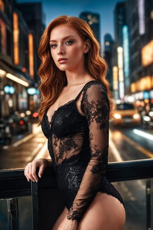 ((masterpiece)), ((best quality)), (((photo Realistic))), (portrait photo), (8k, RAW photo, best quality, masterpiece:1.2), (realistic, photo-realistic:1.3). An attractive young alluring ginger woman. She is wearing a tight black lace bodysuit. She is The photo is taken with a high-resolution camera. The scenic background includes city lights, 8k, ultra-detailed, sharp focus, 8k, high definition, insanely detailed, intricate:1.1) The scene is vibrant and busy, focusing on women's activity and clothing.