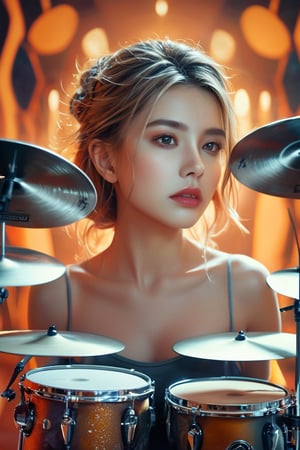 ((masterpiece)), ((best quality)), (((photo Realistic))), (portrait photo), (8k, RAW photo, best quality, masterpiece:1.2), (realistic, photo-realistic:1.3). a beautiful woman, wearing a silver rubber dress with orange accents, wearing a headset, blonde hair, with a face full of expression, a little shouting loudly, and her eyes closed, was enthusiastically beating the drum surrounded by various drums and cymbals with two drum sticks, so thatthere is a dust splash effect with every blow and a vibration effect. large concert screen background, and lighting, hyper realistic, 