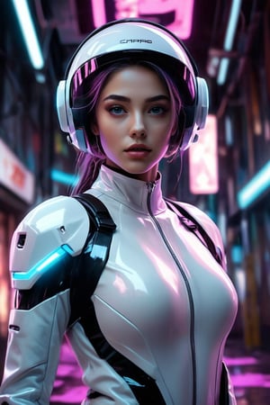 a high-resolution image that captures the essence of a charming character in a futuristic setting. she is wearing white crystal clear white suit and helmet. The character is poised energetically, with flowing garments motion. Incorporate a vivid color scheme with pink, and reflective silvers, reminiscent of nightcore aesthetics. Use dramatic backlighting to emulate a neon glow, contrasting with the darker hues of a cosmic backdrop , she is bright , The image should mimic the depth of field and clarity with sharp focus on the character and a blurred background. Add realistic textures to the character's clothing and hair, and include a visible light source in their hands, producing a gleaming, otherworldly effect. Ensure the overall composition resembles a candid snapshot, capturing a spontaneous moment of action in a surreal, sci-fi universe, Her eyes are purple, her entire body, she is making a gesture of reaching out for something above, a leaping pose, she is gazing at something above., GoPro HERO10 Black, Cinestill 800T, cyberpunk, a cinematic scene, 