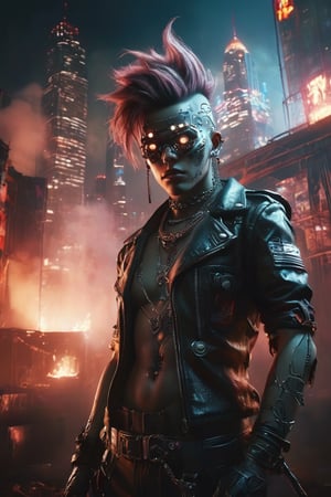 A captivating, high-quality photo of a bizarre graffiti punk scene set in a dystopian world. The focal point is a powerful, dark figure rising from the ashes, surrounded by a cloud of smoke. The figure is adorned with chains and cybernetic enhancements, and their eyes glow ominously. The background is a gritty, graffiti-laden cityscape, with towering skyscrapers and a hazy, neon skyline. The foreground features a chaotic mess of rubble and debris, highlighting the destructive power of the scene. The overall atmosphere is dark, intense, and cinematic, reflecting the dark fantasy elements and the transformation of laws into dust., graffiti, cinematic, dark fantasy