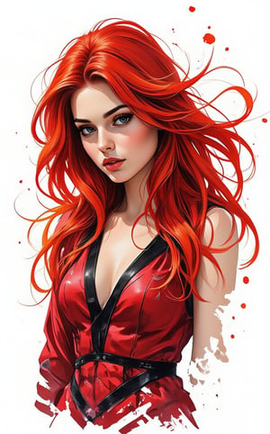 A striking stencil art portrait of a young sexy woman with very long fiery glowing red hair swirling in the wind. She is in a distinctive metallic red dress, featuring a circle pattern and bold stripes. Her intense gaze is directed to the right, lightly downwards, as if contemplating a secret. The stark white background highlights the intricate details of the stencil work, showcasing the artist's skill and precisionm