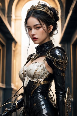 (8k, RAW photo, best quality, masterpiece:1.2), (realistic, photo-realistic:1.3). Renaissance princess with cyberpunk elements, full body stance combines historical and futuristic aesthetics, costume merges line art elegance with watercolor vibrancy, dominant black and gold colors, inspired by Carne Griffiths, Vadim Kashim, Carl Larsson, Greg Rutkowski's intricate detail, Artgerm's stylish touch, evoking H.R. Giger's ominous ambiance, Beksinski's complex design, wide shot composition, crisp focus, seamless transition between hues, digital painting, ultra-realistic