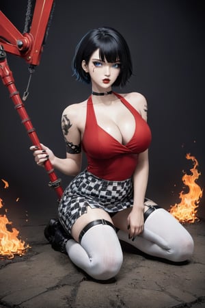 A captivating and unique illustration of a buxom woman with short black hair and a blue eye, posing seductively with a knee on the ground. She wears a short black-and-white checkered skirt with a thigh-high slit, a deep-neck red top, and numerous gothic accessories. The woman holds a crane in her hand, which adds an intriguing touch to the scene. The background is clean and white, allowing the focus to be on the character's striking appearance and pose. Her style and vibe resemble Cassie Hack, a popular character from the comic series 'Hack/Slash'.,fire element