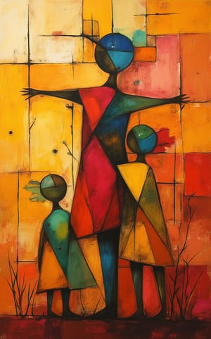 A modern art masterpiece with a abstract description of a family with colorful, geometric figures. The family includes a parent figure with outstretched arms, a child figure climbing the parent, and a sibling figure standing beside the parent. The background is a gradient of warm, earthy tones. The overall piece has a sense of movement and connectedness.