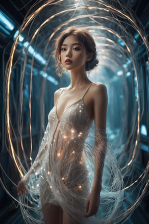 A surreal and dreamlike photograph of a slender young woman standing in a futuristic space cabin The sexy woman is clothed in thousands of luminescent strings that wind tightly around her, beginning at her shoulders and extending down to her upper legs. This ethereal binding seems to both conceal and accentuate, leaving her to the viewer's imagination. The glowing string emits a bright light, casting a glow and drawing the eye to the subject. The image is slightly blurry, adding to the surreal and dreamlike quality of the image and further immersing the viewer in the scene.