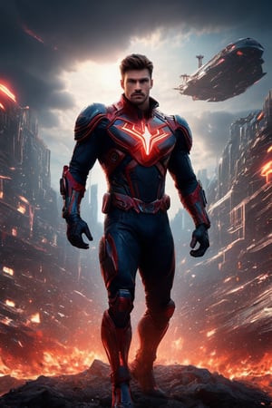 A captivating and powerful movie poster of a dark-armored hero, reminiscent of a futuristic ypung Spider-Man, standing against a dramatic, cloudy, and fiery sky. The gorgeous powerful hero, with glowing eyes and a chest emblem, wears a sleek, advanced neon armor adorned with sharp, angular designs that highlight the sci-fi aesthetic. Wielding a vibrant red lightsaber, the unique hero seamlessly blends science fiction and fantasy in this intense and action-packed scene. The background showcases a dystopian world with war machinery, including a car and plane, engulfed in flames. Hans Darias AI has masterfully crafted this visually striking masterpiece, encapsulating the essence of heroism and power in a chaotic, post-apocalyptic landscape.,Movie Still,LegendDarkFantasy,ruanyi0141,Expressiveh,neon,concept art,cinematic style,FilmGirl,jaeggernawt