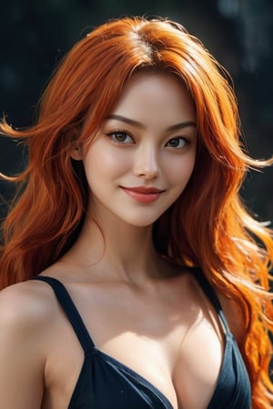 hyperrealistic, a masterpiece live-action movie poster. A breathtakingly realistic image of Nami from One Piece, orange hair flowing, epic movie still composition, dynamic angle, dynamic position, speed effect, playful and evil smiling, young and cute face, plumes of jet black plumes smokes, In the style of Prokoko, radiating an otherworldly aura. Showcase her sexy figure and beaming smile. Utilize advanced techniques to capture subtle lighting, texture, and attire details. Exude an atmosphere of awe-inspiring wonder, as if she is about to unleash divine energy. Bring this extraordinary visual to life with 3D rendering and meticulous attention to detail.