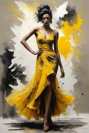 hyperrealistic art style, a masterpiece painting on torn paper. A mesmerizing ink wash painting featuring a gorgeous woman wearing a yellow dress, in the style of joram roukes, dance while head backward, neil gaiman, graceful movements, stanley pinker, made of glass, disintegrated, heavy brush stroke, very detailed background. 