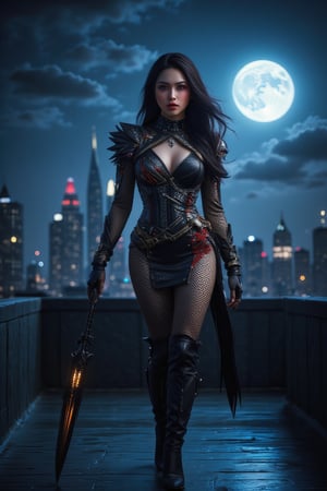 A cinematic shot of Ahri standing on a rooftop under a well-lit night sky. She has long loose spreading hair and is wearing a black mesh outfit with gleaming white, silver and red streaks, as well as golden accents. She is holding a black metal staff with a glowing tip. The background contains skyscrapers and the full moon features cool tones, enhancing the dramatic, vivid atmosphere., eye-catching, highly detailed.