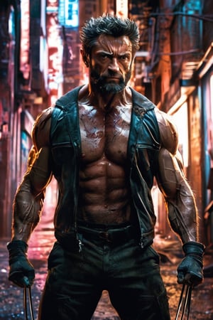 Hyper-realistic movie still of Logan, known as Wolverine, a brand new version superhero hybrid of venom, designed with Dan Hipp's trademark blending of photo-realism and fantastical textures. Wolverine's grizzled face and muscular physique displayed with forensic detail, minor scars and bruises lending gritty verisimilitude. His adamantium claws extended in a combative stance, razor-sharp steel glinting under neon signs of a gritty alleyway. Subtle luminescent threads pulse through muscles and between armor plating like circuitry, smooth, sharp focus, art by Carne Griffiths and Wadim Kashin, unique design suit, award winning photography, masterpiece movie poster.