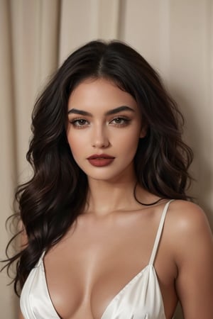 a beautiful American woman wearing white and black sexy revealing clothing, in the style of dark red and dark brown, beautiful women, chicano-inspired, dark black and dark beige, wavy, dark red and dark bronze, exaggerated features