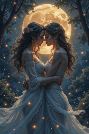 Portrait art, splash art, creative artwork, s passionate embrace between two lovers, their bodies intertwined in a beautiful dance of love. The moon's soft glow illuminates their faces, highlighting the intensity of their emotions. Rendered in a dreamy watercolor style, this illustration captures the essence of romance. The intricate details and vibrant colors bring to life the intense emotions of love and union between these two souls. The soft brushstrokes and warm colors convey the depth of their love and tranquility, The image is a stunning painting, rich in colors and meticulous brushstrokes. This portrait showcases lovers with a serene aura,