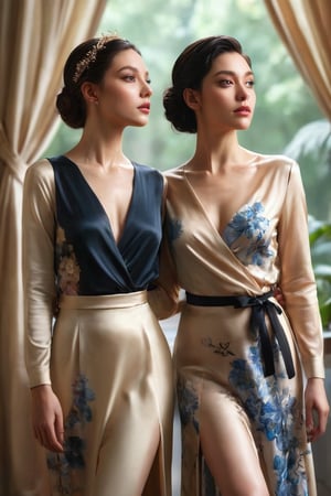((masterpiece)), ((best quality)), (((photo Realistic))), (portrait photo), (8k, RAW photo, best quality, masterpiece:1.2), (realistic, photo-realistic:1.3), A cinematic portrayal of two contrasting female figures, side-by-side. One woman has blonde hair and is draped in a delicate, floral-patterned garment that cascades down her legs, creating an ethereal atmosphere. The other woman has raven-black hair styled in an elegant updo, her serene expression adding to the harmonious duality. The contrast between their hair colors highlights their different natures, while the soft and muted color palette of beige, cream, and deep blacks connects them to the natural world. The scene exudes elegance and serenity, with the two women lost in their own contemplative reveries, inviting the viewer to appreciate their beauty and grace.