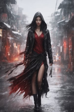 A captivating, fantasy portrait of a confident woman standing tall in the rain, exuding an enigmatic aura. She dons a black leather jacket, a red dress, and high black boots, with dark eyes and flowing loose black hair cascading down the left side of the canvas ink splash art piece featuring a strong female figure clad in a fiery red dress and a black hooded leather jacket. The contours of her face and body are boldly defined by expressive, sharply etched strokes, creating a striking contrast to her vibrant attire. The background is a whirlwind of turbulent energy, with a stormy sky and sea displaying stark lines and vivid hues. Waves crash dramatically against the shore, and the woman stands unwavering, embodying resilience, determination, and inner strength amidst the chaotic environment, ukiyo-e, dark fantasy, cinematic, poster, painting, photo, architecture, product, wildlife photography, typography, 3d render, illustration, vibrant, anime, conceptual art, graffiti, fashion, portrait photography.