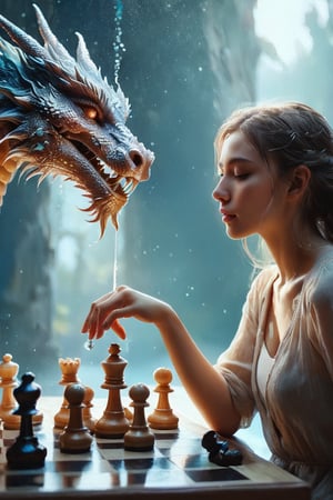 ((masterpiece)), ((best quality)), (((photo Realistic))), expressionism, realism with overdrive, a pretty girl playing chess with the magical dragon, artistic water drops, dynamic pose, tenderness, full-color palette, octane rendering, soft natural volumetric light, bioluminescence atmospheric, sharp focus, centered composition, professional photography, complex background, soft haze, masterpiece. animalistic, beautiful, fine details, 16k,concept art
