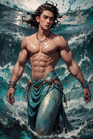 (best quality), (UHQ, 8k, high resolution), Live-action movie, gorgeous sea prince percy jackson, young fit muscular boy, bare body, nude, muscles, korean-euro biracial handsome face, hugs a beautiful dainty mermaid below the water surface. floating hairs, erhreal godness, delicate perfect Indonesian princess face, delicate facial expressions, accompanied by a ripple and a huge splash of water above the surface, bubbles, waves, very realistic photography, vivid skin pores