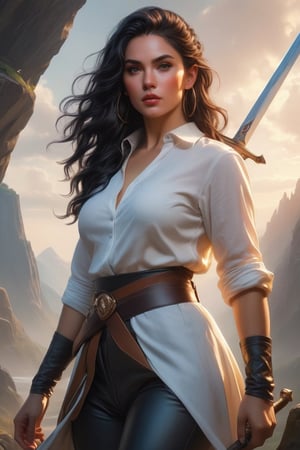 ((masterpiece)), ((best quality)), (((photo Realistic))), A stunning, photorealistic portrait of a swordwoman in the world of Dungeons and Dragons. The character is depicted in an 8K image on a white background, emphasizing her striking features. She has very long, black hair with a white streak, accentuating her mysterious aura. The sorceress wears tight black pants, leather belts, and a flowy white linen blouse that highlights her curvy figure. Her buxom physique is accentuated by the form-fitting clothing. She holds two magical glass knives, their edges shimmering with an otherworldly energy. The artist, Artgerm, has masterfully captured the essence of this powerful and enigmatic female protagonist.,Expressiveh,brave perspective,glowing sword,human