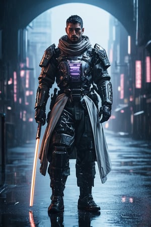 hyperrealistic, best quality, masterpiece, analog film photo, studio lighting, a majestic samurai in shiny white cyberpunk techwear samurai armor, bladerunner city street background with relfections in puddles, highly detailed, hyper-realistic masterpiece, dramatic cinematic lighting, 