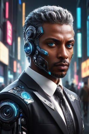 ((masterpiece)), ((best quality)), (((photo Realistic))), (portrait photo), (8k, RAW photo, best quality, masterpiece:1.2), (realistic, photo-realistic:1.3). A striking image of a cyberpunk protagonist, a black man with grey hair and robotic eyes, dressed in a sharp suit. His cybernetic eyes emit a cool blue light that contrasts with the dimly lit, neon-lit cityscape. Hovering vehicles and futuristic architecture fill the background, while a holographic 'Hal Cinah' signature is subtly integrated into the scene, hovering above his head. The overall atmosphere is bold, futuristic, and slightly dystopian.,digitalste
