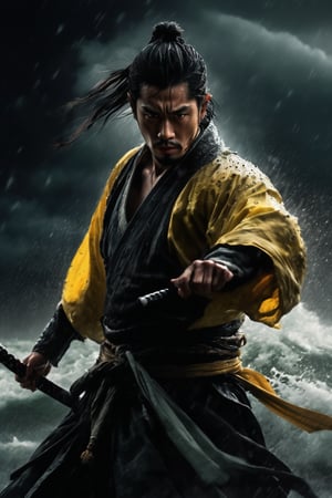 hyperrealistic, a masterpiece. handsome young man. A young samurai assassin in ancient China with black hair and wearing yellow Hanfu is fighting on the sea under heavy rain, right hand raised high to block an attack, water droplets and splashes poised in mid-air, the detailed background features dark clouds and strong winds to create a realistic movie setting.