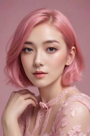 A young alluring woman wearing pink hair in a transparent hollow pink lace dress, in the style of hyperrealism and photorealism,she is at the seductive bending pose, UHD image, soft-focused realism, pastel color, babycore, gentle smile,better photography,dal,more detail XL