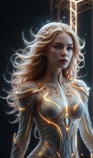 A futuristic young alluring woman with long golden hair. "The Luminous Wireframe Sorceress" is an impressive and evocative digital artwork, featuring a luminous sorceress adorned with a dress and cape made of mesh wireframe in bright white strands. The glowing lines, an intricate web of shining white strands, intertwine forming ethereal geometric patterns that glow and radiate intensely under the light. The piece masterfully combines digital rendering with portrait photography, immersing the viewer in a hypnotic and magical visual experience. The striking contrast between the white wireframe strands and the dark, mysterious background of a nebulous landscape creates a charming atmosphere that leaves a lasting impression. ,mad-cyberspace,neon style