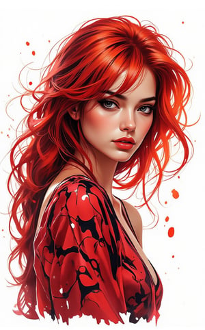 A striking stencil art portrait of a young sexy Asian woman with very long fiery glowing red hair swirling in the wind. She is in a distinctive metallic red dress, featuring a circle pattern and bold stripes. Her intense gaze is directed to the right, lightly downwards, as if contemplating a secret. The stark white background highlights the intricate details of the stencil work, showcasing the artist's skill and precisionm