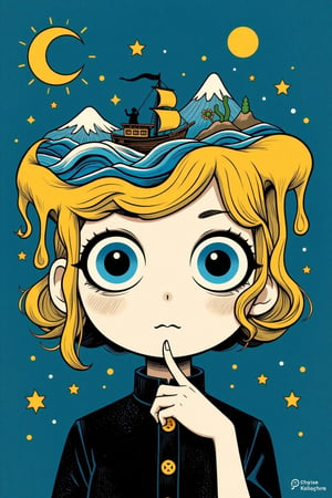 A whimsical and enchanting illustration of a woman with a large, blue, and yellow headpiece that appears to be a melting sea or sky with a small ship and islands on it. The woman's eyes are large and blue, and her expression is calm and thoughtful. The woman's headpiece could represent her thoughts and dream.