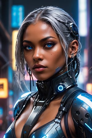 ((masterpiece)), ((best quality)), (((photo Realistic))), (portrait photo), (8k, RAW photo, best quality, masterpiece:1.2), (realistic, photo-realistic:1.3). A striking image of a cyberpunk protagonist, a gorgeous sexy black woman with grey hair and robotic eyes, dressed in a sharp glass suit. Her cybernetic eyes emit a cool blue light that contrasts with the dimly lit, neon-lit cityscape. Hovering vehicles and futuristic architecture fill the background, while a holographic The overall atmosphere is bold, futuristic, and slightly dystopian.,Cyberpunk Doctor,digitalste,Cyberpunk Clothing,cyberpunk