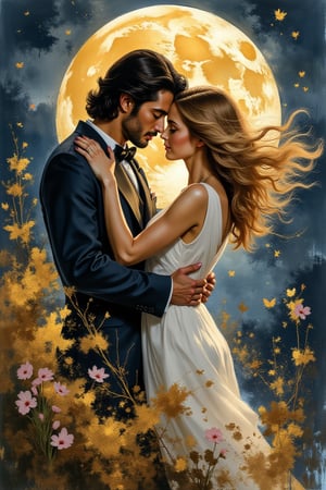 Portrait art, splash art, creative artwork, Eden garden, forbidden love, passionate embrace between two lovers, their bodies intertwined in a beautiful dance of love. The moon's soft glow illuminates their faces, highlighting the intensity of their emotions. Rendered in a dreamy watercolor style, this illustration captures the essence of romance. The intricate details and vibrant colors bring to life the intense emotions of love and union between these two souls. The soft brushstrokes and warm colors convey the depth of their love and tranquility, The image is a stunning painting, rich in colors and meticulous brushstrokes. This portrait showcases lovers with a serene aura,