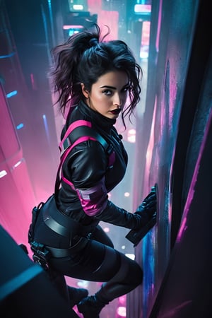 Cinematic, dramatic high-angle photograph looking down from above as Alex, a 19-year-old dark-haired young woman, as she dynamically climbs up the wall of a futuristic megacorp's headquarters. She is clad in dark lipstick, a tight pink top, and short overalls, as well as high-tech gloves and kneepads that aid her climb. She sweats from the difficult ascension and the neon-soaked background of a sprawling megalopolis, with its holographic advertisements and massive buildings, conveys the gritty cyberpunk setting.