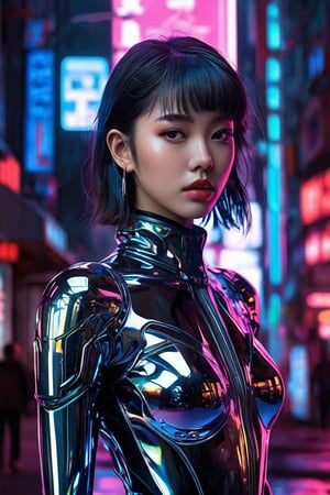 hyperrealistic, a masterpiece, (1girl), (full body), (futuristic sci-fi glassy transparent bodysuit with hollow crop cut), Beautiful young Korean woman, kpop idol, (Cute Loose Bob hairstyle), symmetrical eyes, realistic, sharp focus, HD, highly detailed, the background is a neon cityscape with giant robot head in the style of ghost in the shell, Hajime Sorayama, anime aesthetic, vaporwave, cyberpunk setting, japanese signs and billboards, high contrast, hyper realistic, reflections, cinematic, retrofuturism, at night, red lights and neon lights.