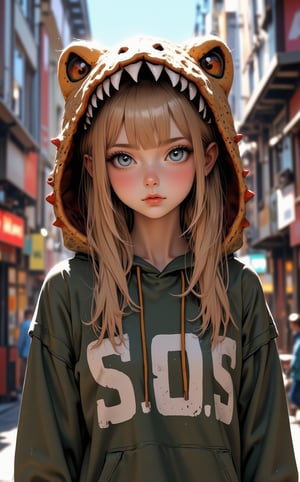 Ghibli studio anime style, A young college girl, blonde hair, blue eyes, standing in the middle of a bustling street. She is wearing a playful hoodie with a hood designed to resemble a plush T-rex head with cute, rounded teeth and spines along the top, giving it a toy-like appearance. The word 'S.O.S ' is written prominently on the front of the hoodie. Dramatic lighting emphasizes her lustful expression.