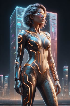 full body:1.2, ((masterpiece)), ((best quality)), (((photo Realistic))), A striking portrait of a young svelte woman looking back against a glowing background adorned with futuristic gleaming gadgets. A stunning anime-inspired scene of a young woman, adorned in futuristic fashion with neon accents, leaving her mark on Earth. She holds a can of spray paint and stands next to an incredible architecture of a towering building with a glass exterior. The architecture is adorned with her graffiti artwork, which glows against the dark city skyline. The background reveals a vibrant cityscape, with a rainbow of colors painting the sky.,mad-cyberspace
