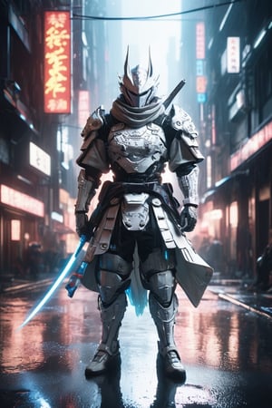 hyperrealistic, best quality, masterpiece, analog film photo, studio lighting, a majestic samurai in shiny white cyberpunk techwear samurai armor, bladerunner city street background with relfections in puddles, highly detailed, hyper-realistic masterpiece, dramatic cinematic lighting, 