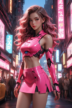 A stunning young woman dressed in a fashionable outfit. She wears a bright pink miniskirt with a V-shaped cut in the front, complemented by a white crop top. The woman has long, flowing hair, and her pose exudes confidence. The background of the poster is a vibrant cityscape at night, with neon lights reflecting off the buildings. The overall atmosphere is energetic and urban, perfect for a fashion-forward cityscape., 3d render, poster,FuturEvoLab-Lora-mecha