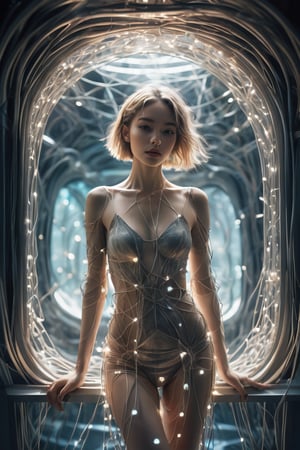 A surreal and dreamlike photograph of a slender young woman standing in a futuristic space cabin The sexy woman is clothed in thousands of luminescent strings that wind tightly around her, beginning at her shoulders and extending down to her upper legs. This ethereal binding seems to both conceal and accentuate, leaving her to the viewer's imagination. The glowing string emits a bright light, casting a glow and drawing the eye to the subject. The image is slightly blurry, adding to the surreal and dreamlike quality of the image and further immersing the viewer in the scene.