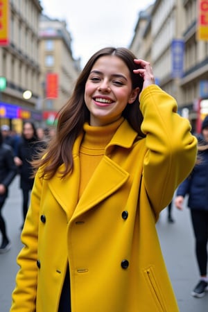 Ultra-realistic portrait photo, 21-year-old fashionista, gentle geometric pose, joyful expression, flowing hair, detailed busy street, Matrix-inspired urban environment, stylish yellow sweater-coat, Acne Studios winter 2047 collection, random colors, navy and yellow tones, intricate details, dynamic shadows, futuristic cityscape, Canon EOS R5, 50mm f/1.2 lens