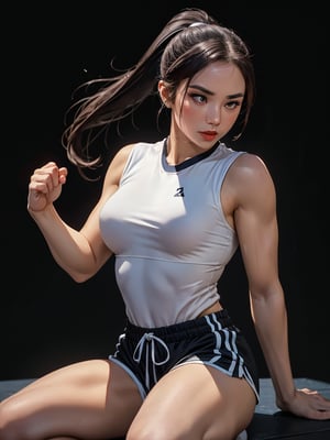 Realism style,Professional Chun Li Cosplayer, martial arts beauty, fit, beautiful, slender, natural curves, natural upper body, attractive, dark red hair, bowed hair, ponytail, serious expression, sports shorts, sports, high-kick, studio room, photoshoot, movement, motion, close-up, 3d digital art, amazing cinematic wallpaper in 16k, 4k, 8k, 16k, 4k upscaling image art, ((full body character concept)), ((((amazing masterpiece digital art, hdr, uhd, depth of field, blurry black background)))), ultra photorealism 

