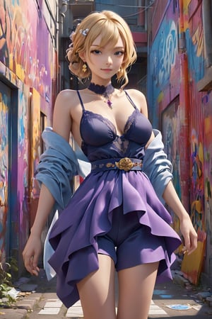 A captivating anime character 3D render portrays a stunning, photorealistic image of a confident and charming blonde komoe from Namiuchigiwa no Muromi-san. Her enchanting smile draws the viewer in, while her alluring attire, including a lacy deep neckline top and strings with suspended belt, exudes elegance and sophistication. Gold earrings and a necklace adorn her, adding a touch of refinement.

The background showcases a mesmerizing, abstract swirl of deep blues and purples, creating a dynamic and energetic atmosphere that contrasts with the subject's poised demeanor. This exquisite blend of painting-like qualities, fashion, conceptual art, and photography exemplifies the artistry and innovation within this striking image. A masterpiece of conceptual art, cinematic portraiture, and photography, this 3D render stands as a testament to the creative prowess of, anime, vibrant, painting, fashion, photo, 3d render, graffiti, cinematic, conceptual art, portrait photography, illustration
