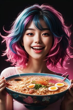 A hilarious anime scene of a girl slurping down a steaming bowl of ramen, her eyes wide with delight. Her hair is a vibrant pink, and she has a playful grin on her face. The ramen bowl is enormous, nearly as big as her head, with noodles stretching out in all directions. The solid black background highlights the colorful and quirky style of the illustration.