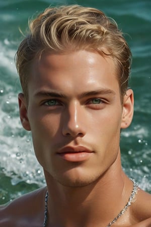 ultra-photorealistic, surreal, (masterpiece), ((Close up)) A highly realistic and stunningly beautiful portrait. Half body of A realistic photo of an attractive tan blonde, fit muscles man, with thick beautiful dark eyebrows, strong facial, he has a short fade haircut, high cheek bones, light grey eyes, he is showing his upper body, detailed, complex, a water bender surrounded by green water spouts, magical scene, dynamic pose, floating hair, art by MSchiffer, water drops, magical glow, fantasy art, surreal, detailed glossy lips, ((martial arts pose:1.1)), ocean, waterbending, waterbender, water slices, glowy, hyperdetailed face, green splash, textured skin.