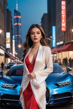 ((masterpiece)), ((best quality)), (((photo Realistic))), (portrait photo), (8k, RAW photo, best quality, masterpiece:1.2), (realistic, photo-realistic:1.3). A captivating cinematic photo of a sexy model and an exhilarating street race in a bustling, city night. Two sleek Bugatti sports cars, one deep blue Chiron and the other daring red and black Veyron, race neck-and-neck, finishing with a dramatic stop side by side. At the heart of the action, a sophisticated and self-assured young woman with cascading hair raises a white handkerchief in one hand, signaling the start of the race. The towering cityscape with its lights casts a kaleidoscope of colors onto the scene, heightening the electrifying atmosphere.