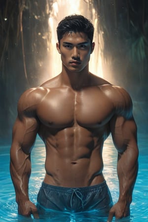 ultra-photorealistic, surreal, (masterpiece). A realistic photo of an attractive tan Korean-Latino fit muscles man, with thick beautiful dark eyebrows, strong facial, he has a short fade haircut, light grey eyes, an adorable man at its center, exiting a magical pool of crystal waters with blue fluorescent liquids. He is wearing tight swimming briefs. Six pack muscles, six-pack strong abs. The image reads a dark and intriguing scene. Sanskrit runes are flowing in the air glowing. Sanskrit scripture tattoos. Short hair, textured wet skin.