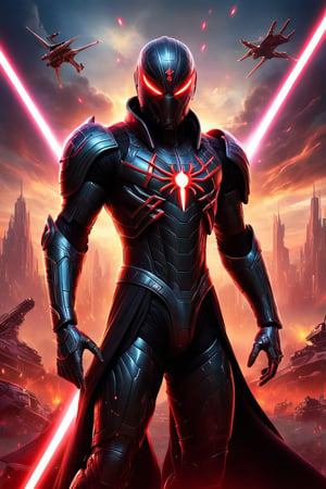 A captivating and powerful movie poster of a dark-armored hero, reminiscent of a futuristic ypung Spider-Man, standing against a dramatic, cloudy, and fiery sky. The gorgeous powerful hero, with glowing eyes and a chest emblem, wears a sleek, advanced neon armor adorned with sharp, angular designs that highlight the sci-fi aesthetic. Wielding a vibrant red lightsaber, the unique hero seamlessly blends science fiction and fantasy in this intense and action-packed scene. The background showcases a dystopian world with war machinery, including a car and plane, engulfed in flames. Hans Darias AI has masterfully crafted this visually striking masterpiece, encapsulating the essence of heroism and power in a chaotic, post-apocalyptic landscape.,Movie Still,LegendDarkFantasy