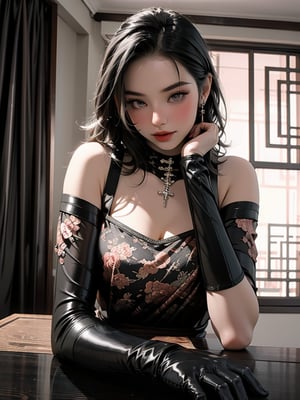 A modern photo of a 19-year-old Gothic anime woman, effortlessly seated in a cozy, dimly lit room filled with books and soft lighting. She is dressed in a chic black latex sweater with a high neck and intricate violet latex applique patterns, paired with platform sandals and black latex gloves and black latex stockings. Her dark, flowing hair contrasts with her pale complexion, and her deep red lips are accentuated by dark makeup. Holding a steaming cup of coffee, she gazes into the distance with an air of mystery and sophistication. This enchanting portrait exudes a sense of relaxation and tranquility, blending vibrant fashion elements with fantasy and cinematic flair.