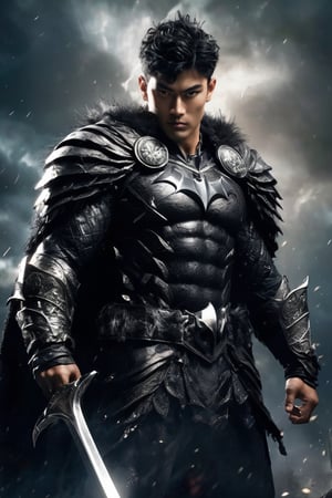 hyperrealistic, a masterpiece live-action movie poster. A breathtakingly realistic image of Gattsu from Berserk rests his hands on his large rune sword, evil grin, spark in the eye, a storm in the horizon, backlight, hybrid batman form, radiating an otherworldly aura. Showcase his chiseled physique, wild hair, and slight evil smile. Utilize advanced techniques to capture subtle lighting, texture, and divine attire details. Exude an atmosphere of awe-inspiring wonder, as if he is about to unleash powerful divine energy. Bring this extraordinary visual to life with 3D rendering and meticulous attention to detail. Set in a whimsical, imaginative, and lively environment, showcase his powerful unexpected tricky move.