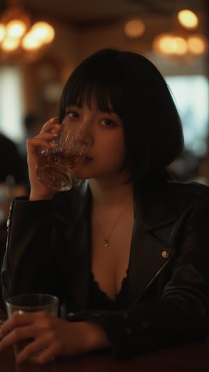 A striking photo of a young woman with bobcut black hair sitting at a bar drinking whisky. She dons a fitted, worn leather jacket over a delicate lace top. Her relaxed yet poised posture radiates danger, allure, and unshakable strength. 