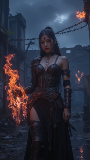 A female stoic Goth Soldier, standing amidst the urban decay of graffiti-laden walls and eerie neon lights. intricate markings lace across her forehead, adding a touch of dark fantasy mysticism to his imposing figure. Her sexy armor, with spikes and chains, shimmers under the neon glow. In her hand, she clutches a glowing gothic cross symbol, surrounded by swirling arcane runes, exuding an aura of mystical power. Dark clouds roil above, with orange fire cutting through the sky, enhancing the brooding atmosphere. The Goth Soldier's presence embodies the dark fusion of ancient magic with urban rebellion, a symbol of strength in a decaying world.